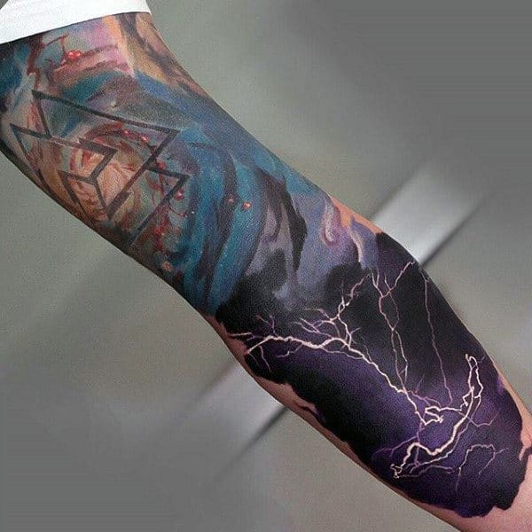 White Ink Lighting Mens Watercolor Sleeve Sky Tattoos