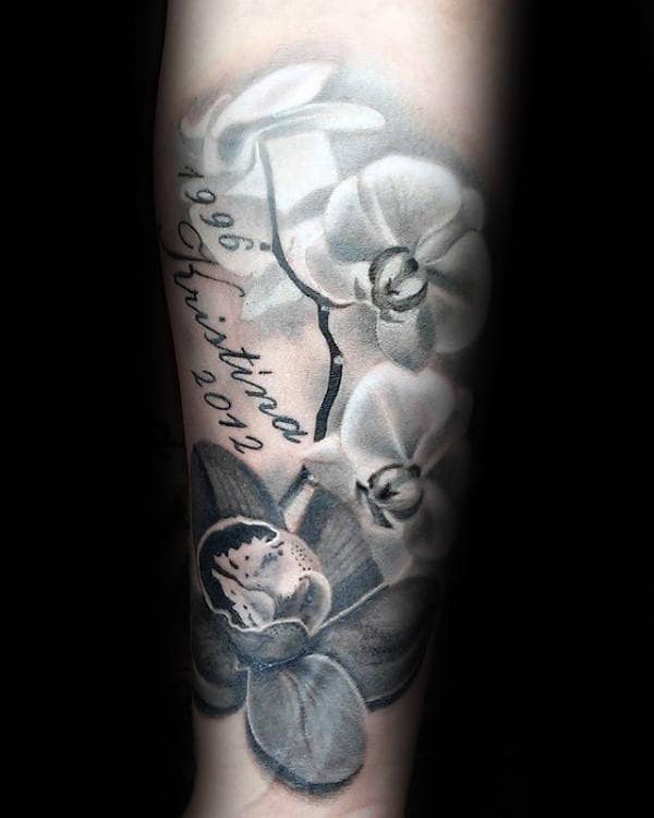 White Ink Orchid Flower Mens Forearm Tattoos