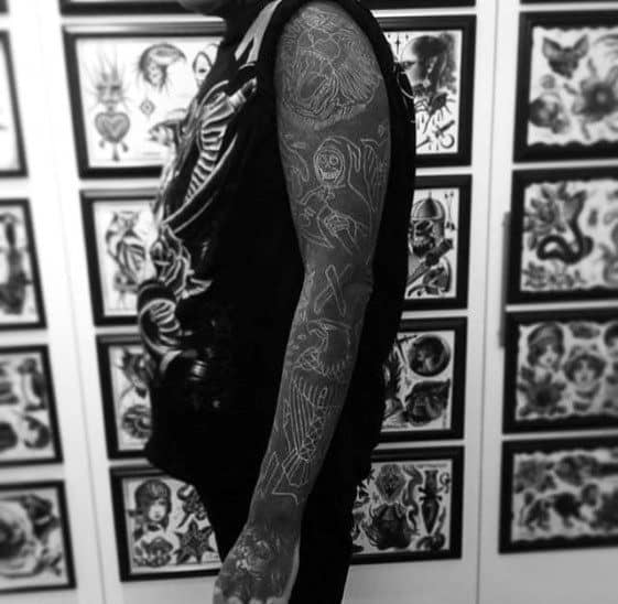 White Ink Over All Black Mens Full Arm Sleeve Tattoos