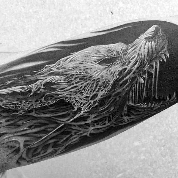 White Ink Over Black Ink Quarter Sleeve Sick Wolf Tattoos Guys