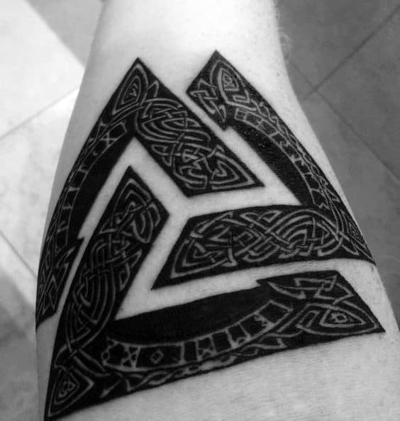 White Ink Over Black Ink Tattoo Of Valknut For Men On Inner Forearm
