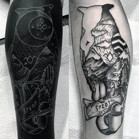 White Ink Over Black Ink Twin Peaks Male Leg Tattoos