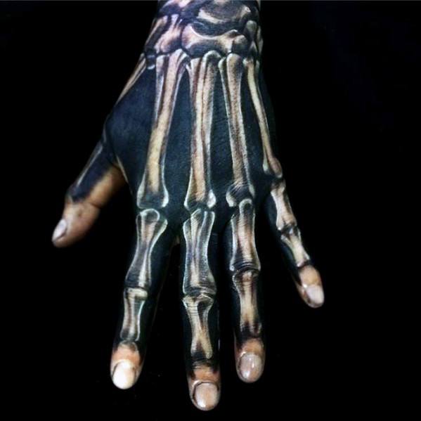 White Ink Over Black Ink Unique Hand Mens Bones Tattoo