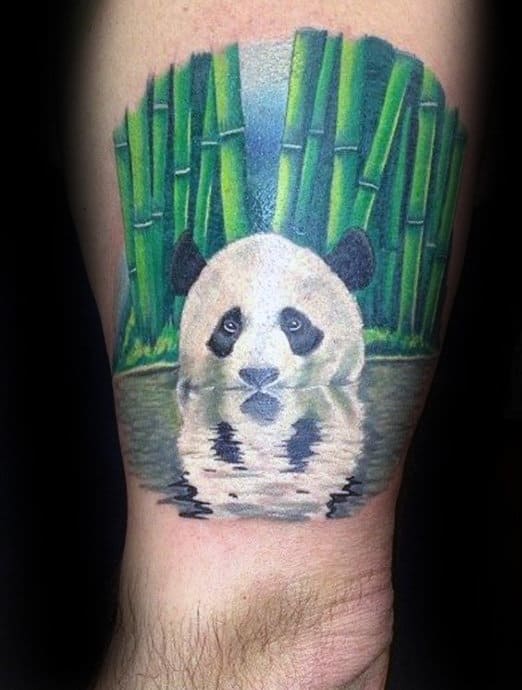 White Ink Panda Bear In Water With Green Bamboo Mens Arm Tattoos