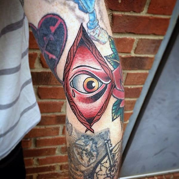 White Ink Sailor Jerry Themed Eye Tattoo For Men On Arm