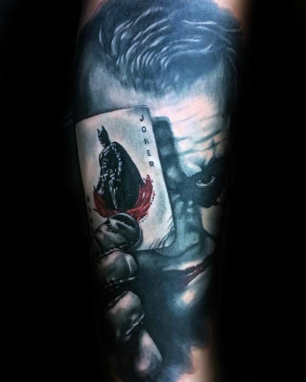 White Ink Shaded Joker Playing Card Guys Sleeve Tattoos