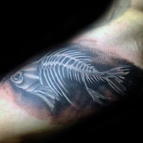 White Ink Shaded Mens Fish Skeleton Inner Arm Bicep Tattoos