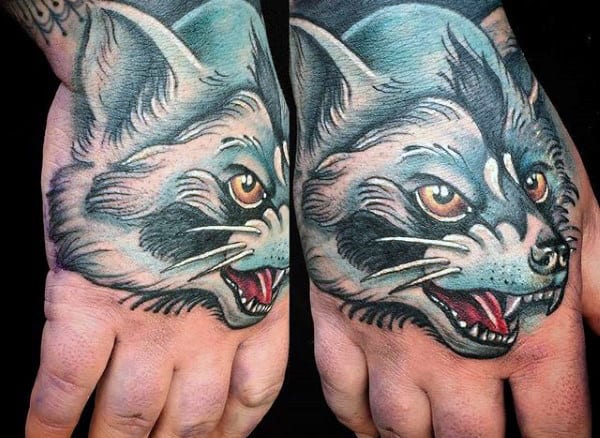 White Ink Shaded Raccoon Male Hand Tattoo