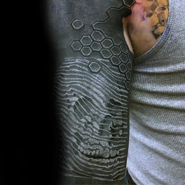 White Ink Skull Blackout Sleeve Tattoos For Gentlemen