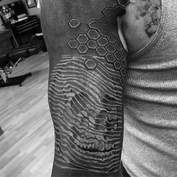 White Ink Skull Over All Black Mens Half Sleeve Tattoo Ideas