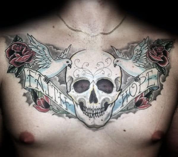 White Ink Skull With Doves And Roses Guys Upper Chest Hope Tattoo