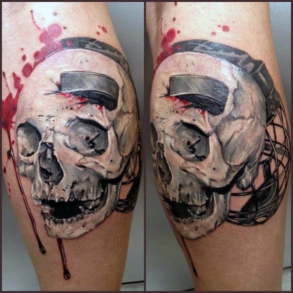 White Ink Skull With Hockey Puck Male Leg Calf Tattoos