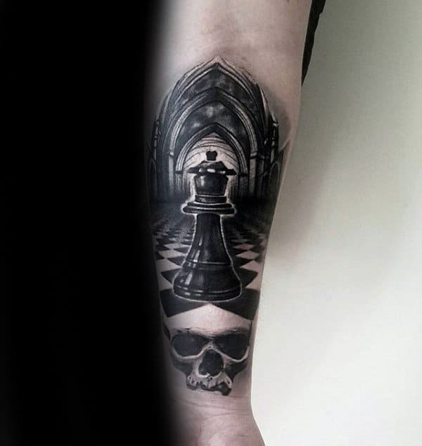 White Ink Skull With King Chess Piece Guys Tattoo On Inner Forearm