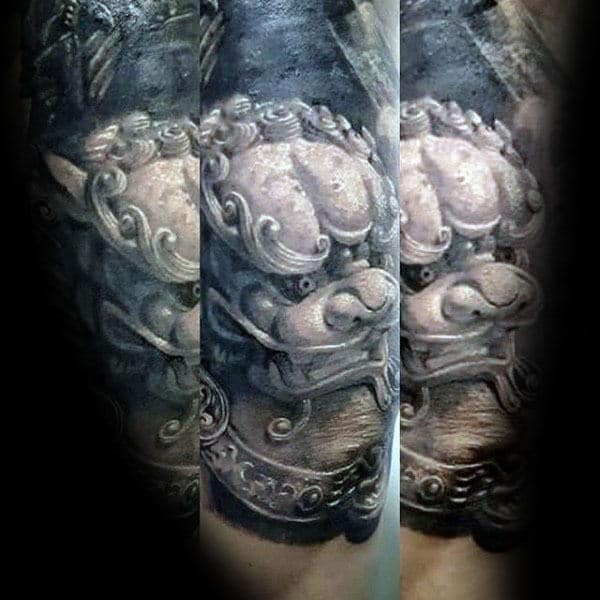 White Ink Statue Of Foo Dog Mens Sleeve Tattoo