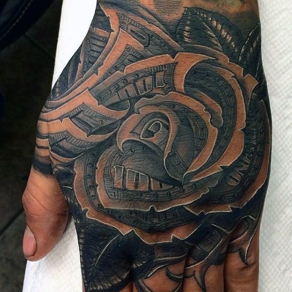 A black and gray tattoo of a rose on the hand, featuring a combination of shaded details and white ink highlights, along with money elements seamlessly incorporated into the design