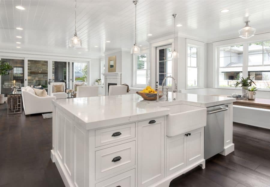 white open kitchen with apron sink