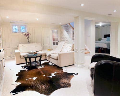 Bright basement with white walls, animal skin rug, and cozy seating area.