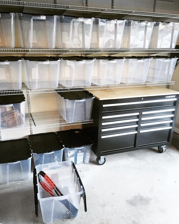 white metal clear bins garage shelves 