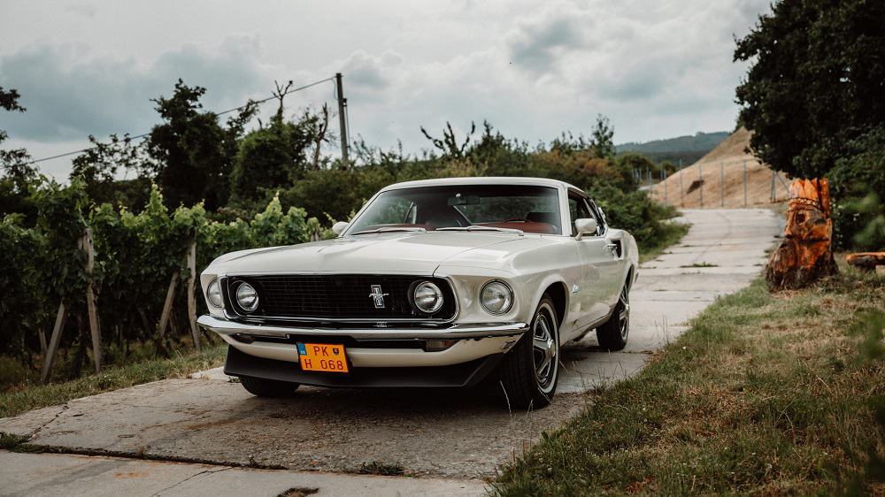 white mustang mach 1 drives down an open road