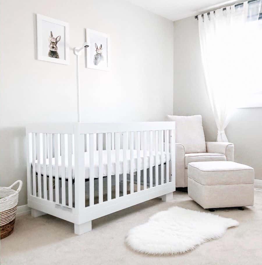 white nursery crib lounge chair with footrest white fluffy floor rug