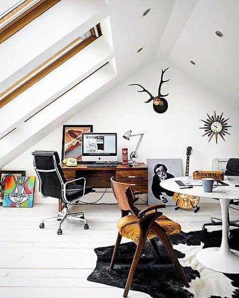 Chic man cave loft workspace with a wooden desk, modern chairs, artwork, guitar, and large windows