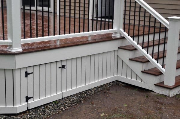 white painted wood deck skirting with mini hinged gate
