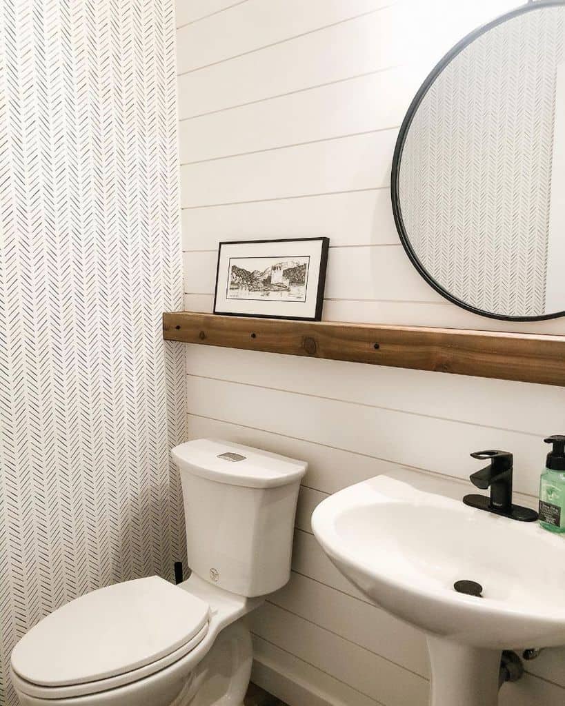 powder room with white shiplap walls
