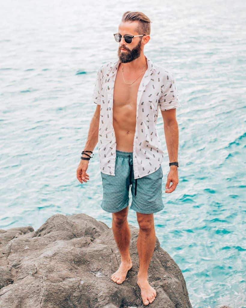 White Print Shirt Mens Beach Wear