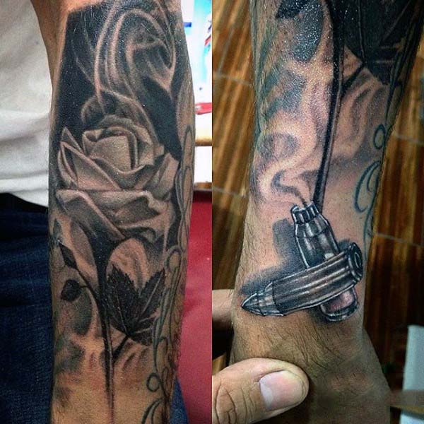 White Rose With Bullet Smoking Mens Wrist Tattoo Inspiration