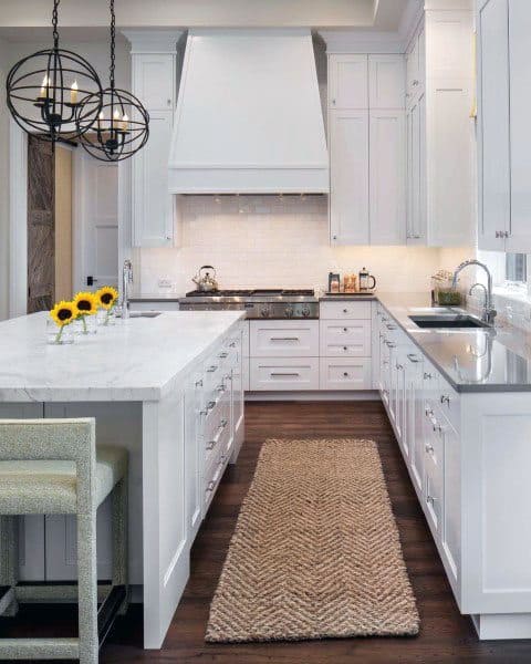 large white rustic kitchen with sunflower decorations 