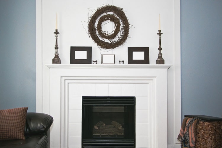 white rustic mantel fireplace living room