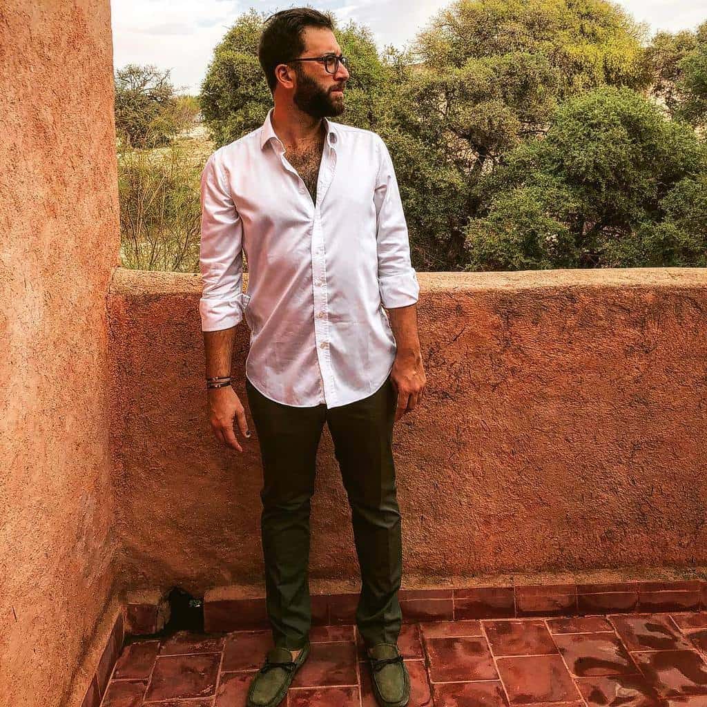 White Shirt Man Green Pants Outfit