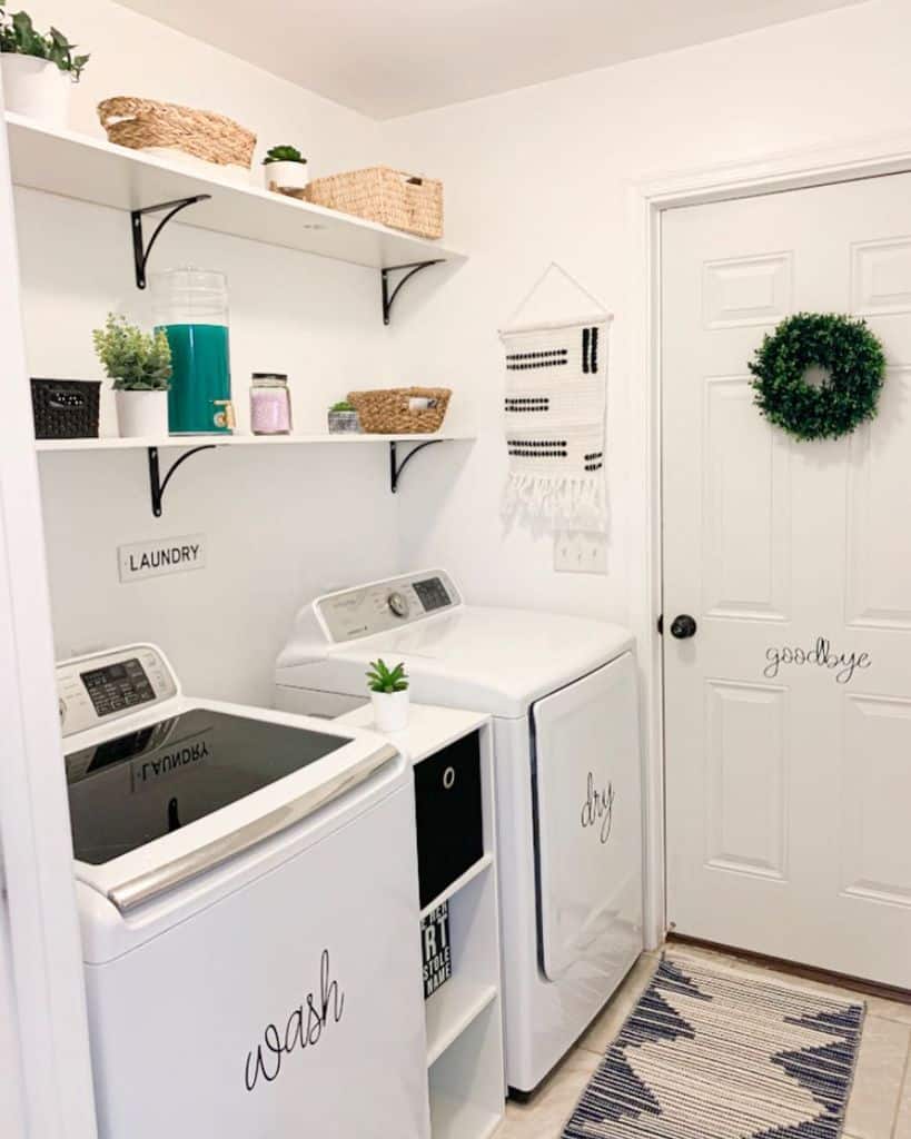 small white decor laundry room with wall shelves