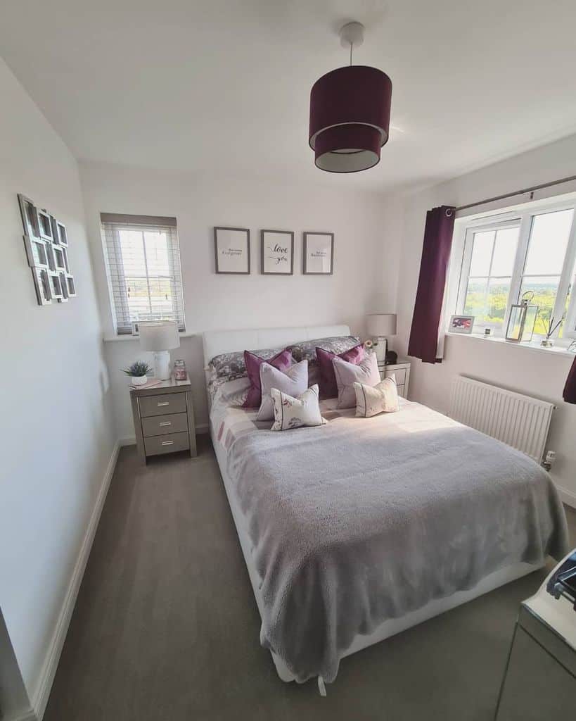 white and purple small master bedroom