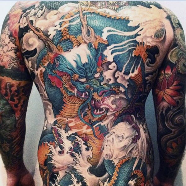 White Smoking Dragon Violence Tattoo Males Full Back