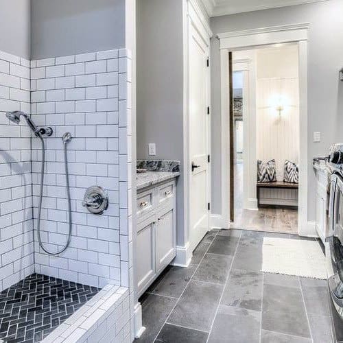 White Subway Tile With Black Shower Floor Home Dog Wash Station Ideas