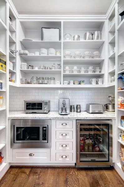 Modern pantry with white cabinetry, built-in appliances, and open shelving for a clean, organized look.