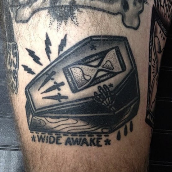 Wide Awake Coffin Tattoo For Men With Wide Wake Words