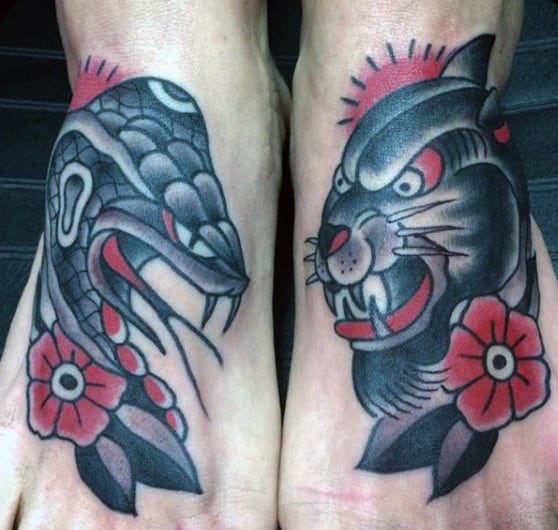Wild Cat And Blossom Tattoo On Foot