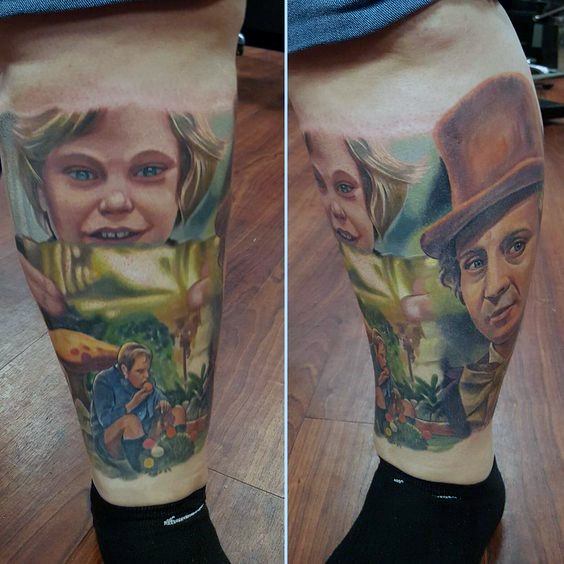Realistic full-leg tattoo of Charlie and the Chocolate Factory featuring Charlie with the golden ticket and Willy Wonka in a heartfelt scene.