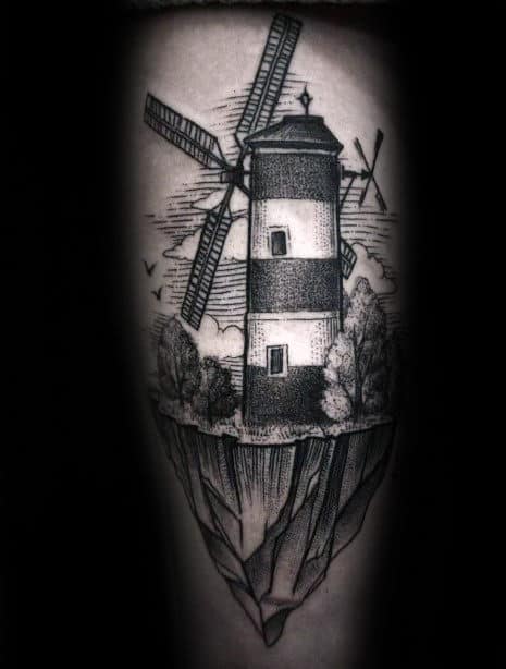 Windmill On A Mountain Cliff Mens Leg Tattoo
