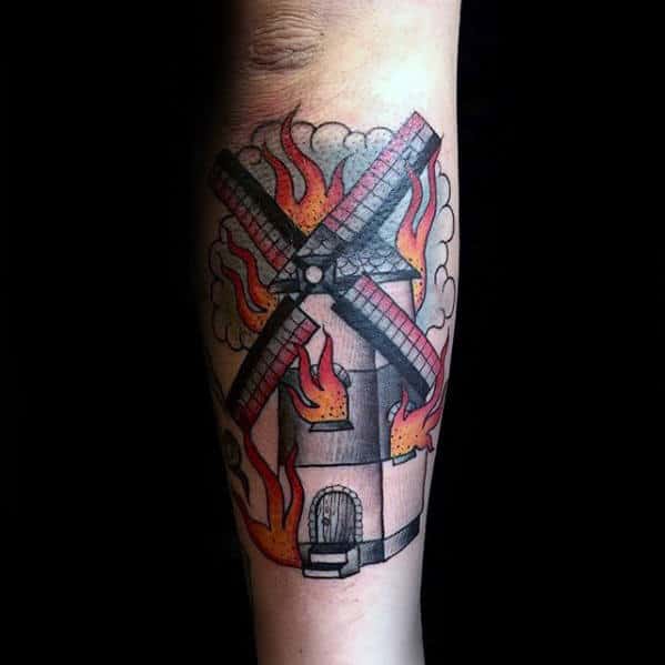 Windmill On Fire With Flames Mens Outer Forearm Tattoo
