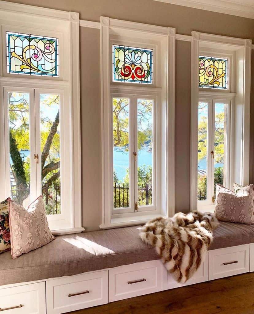 stained glass windows reading nook seat with drawers