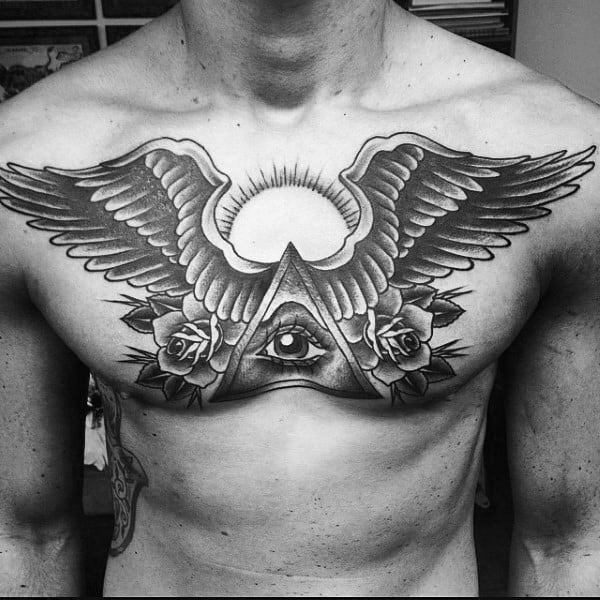 Wing And Illuminati Tattoo Male Chest