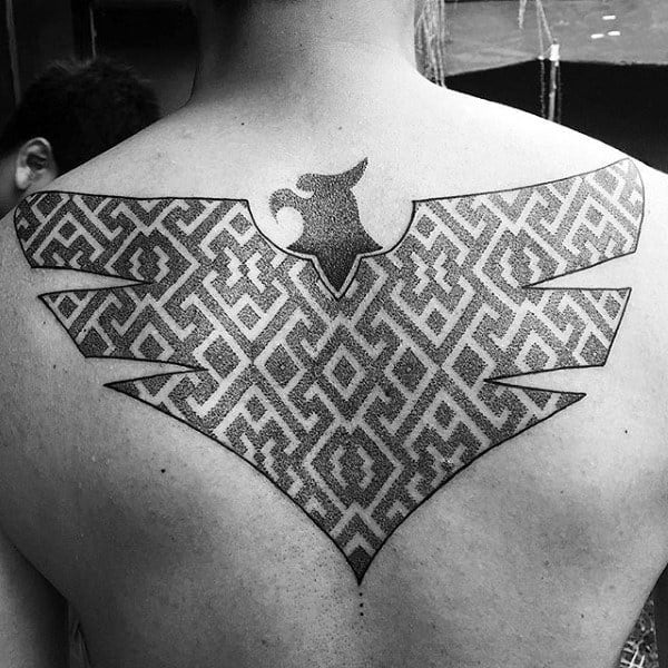Winged Gray Pattern Tattoo Male Back