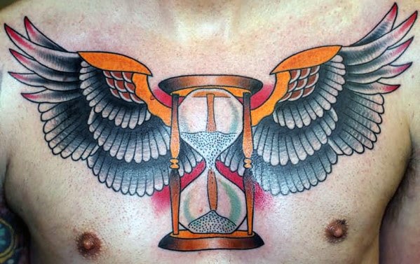 Winged Hourglass Traditional Mens Old School Tattoo On Upper Chest
