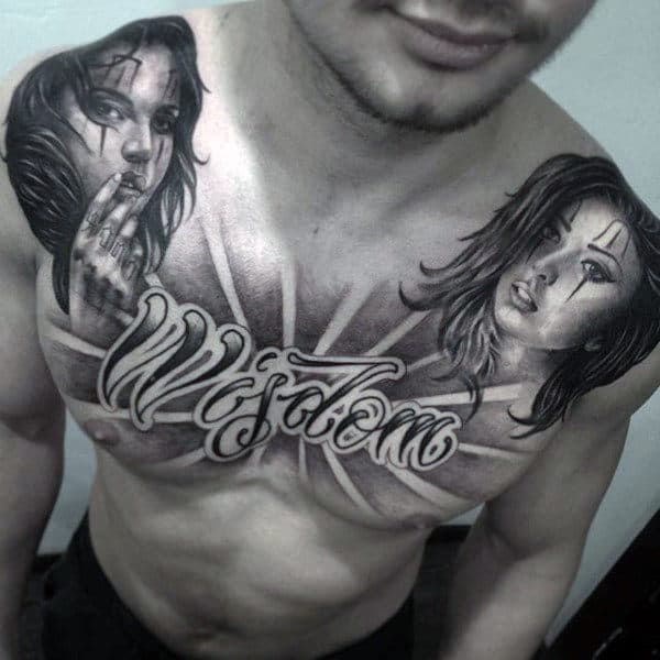 Wisdom Lettering Tattoo Male Chest