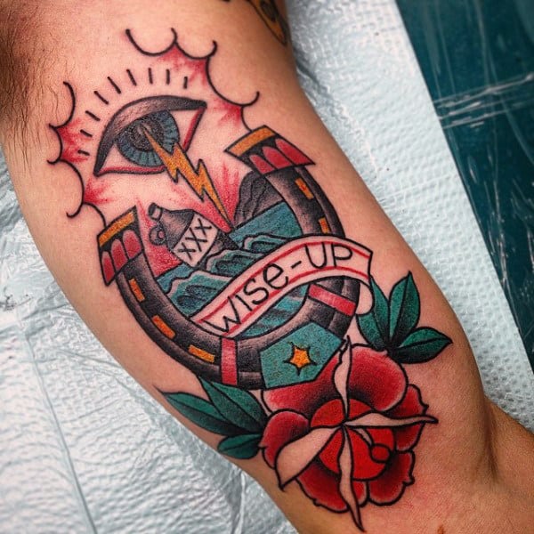 Wise Up Banner Mens Horseshoe With Red Rose Traditional Guys Inner Arm Bicep Tattoo