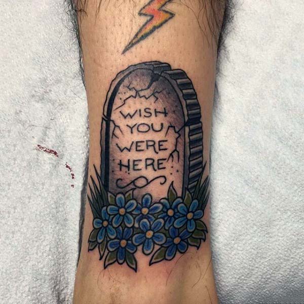 Wish You Were Here Blue Flower Tombstone Tattoo Designs For Men