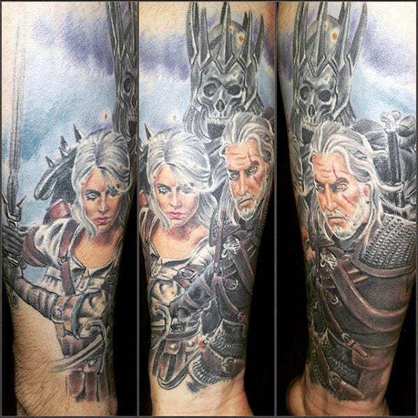 Full-color Witcher tattoo sleeve featuring Ciri, Geralt, and the Wild Hunt with a detailed blue sky background and dramatic shading.